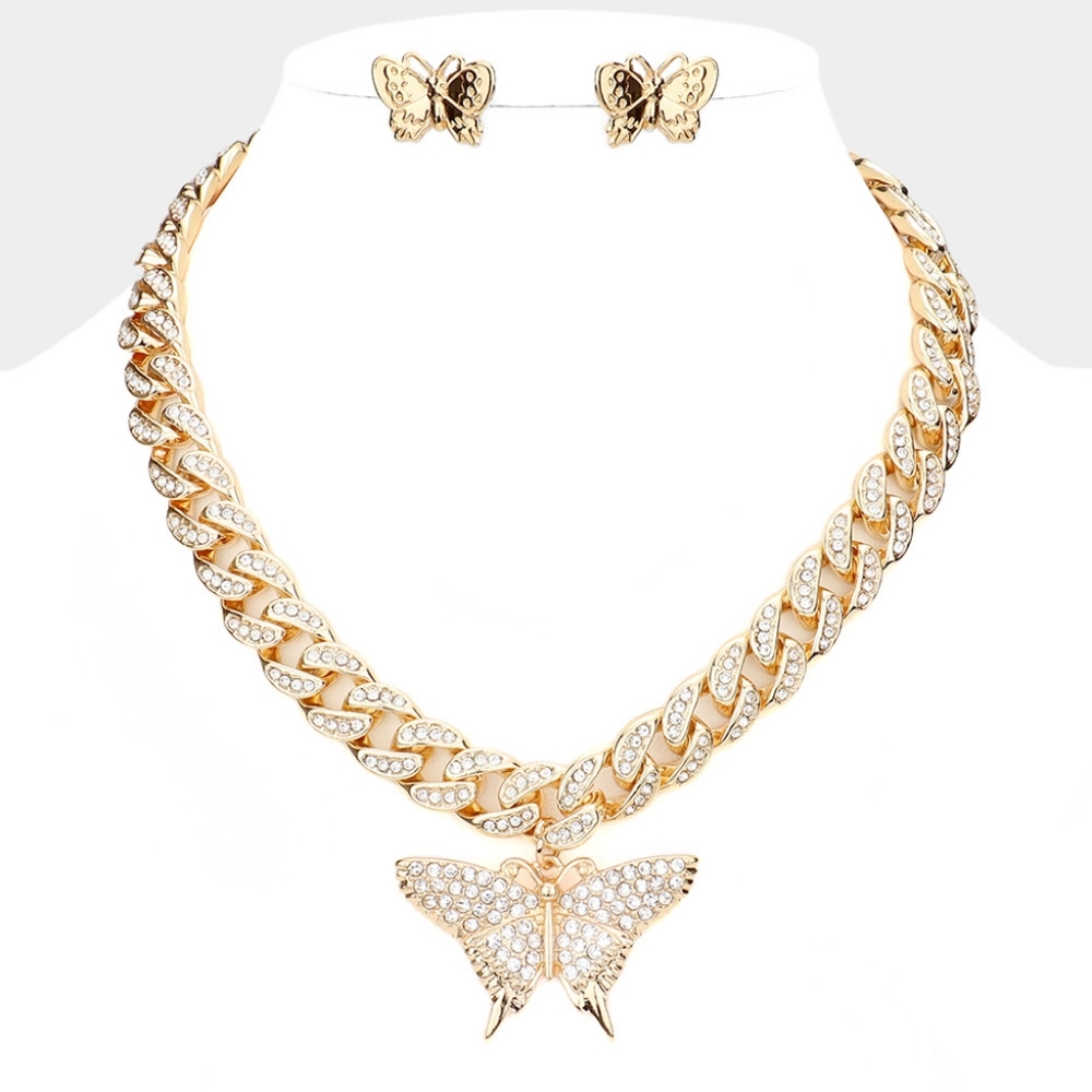 Gold Butterfly Rhinestone Crystal Pendant Necklace Chain Link Cuban Bling Trendy